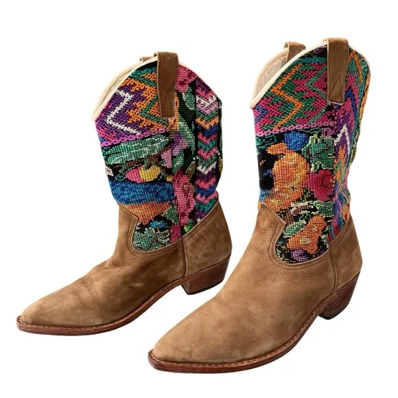 Genuine Suede Colorful Embroidered Southwestern Cowboy‎ Boots - Picture 3 of 8